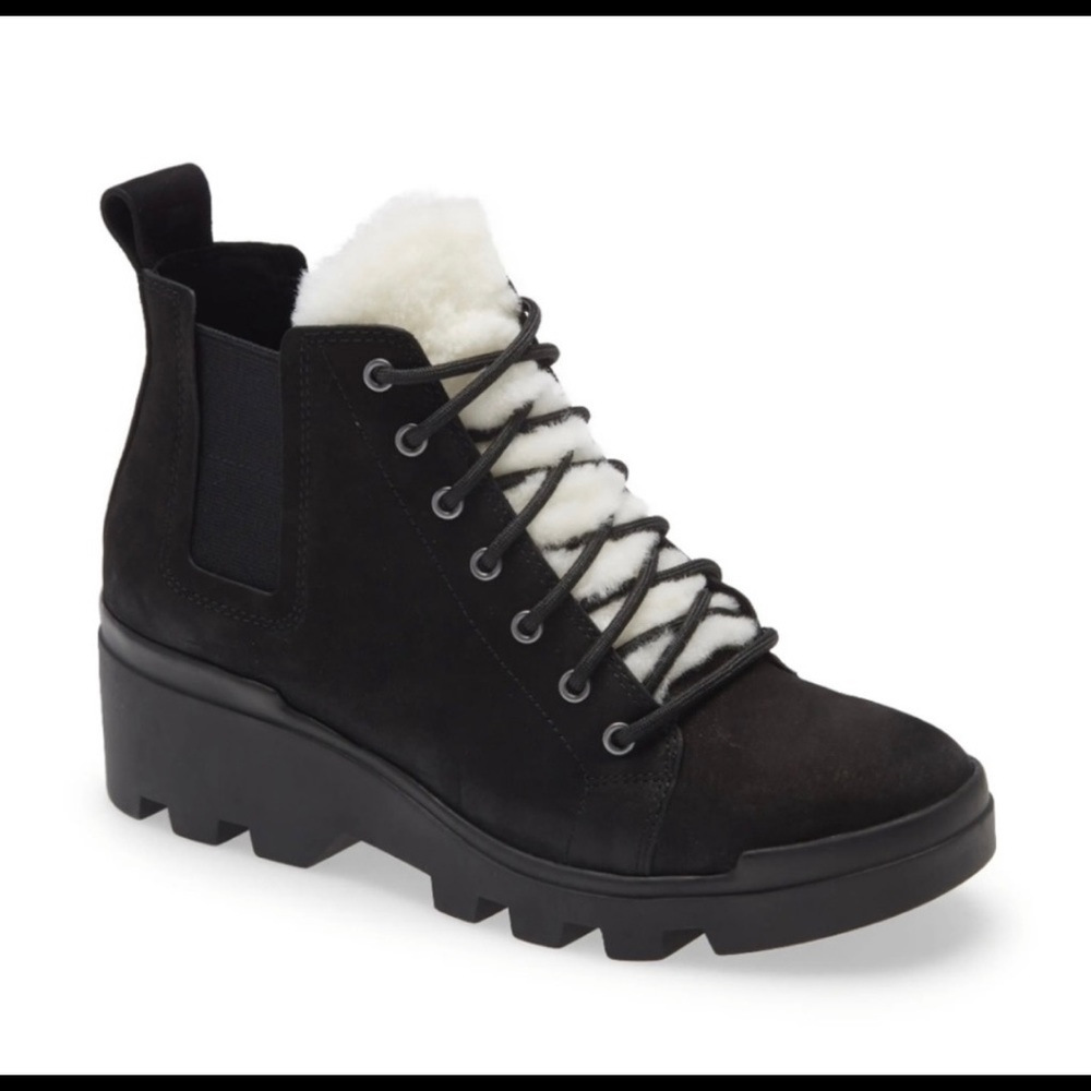Eileen Fisher Black Leather Shearling Trim Bootie Sz-8